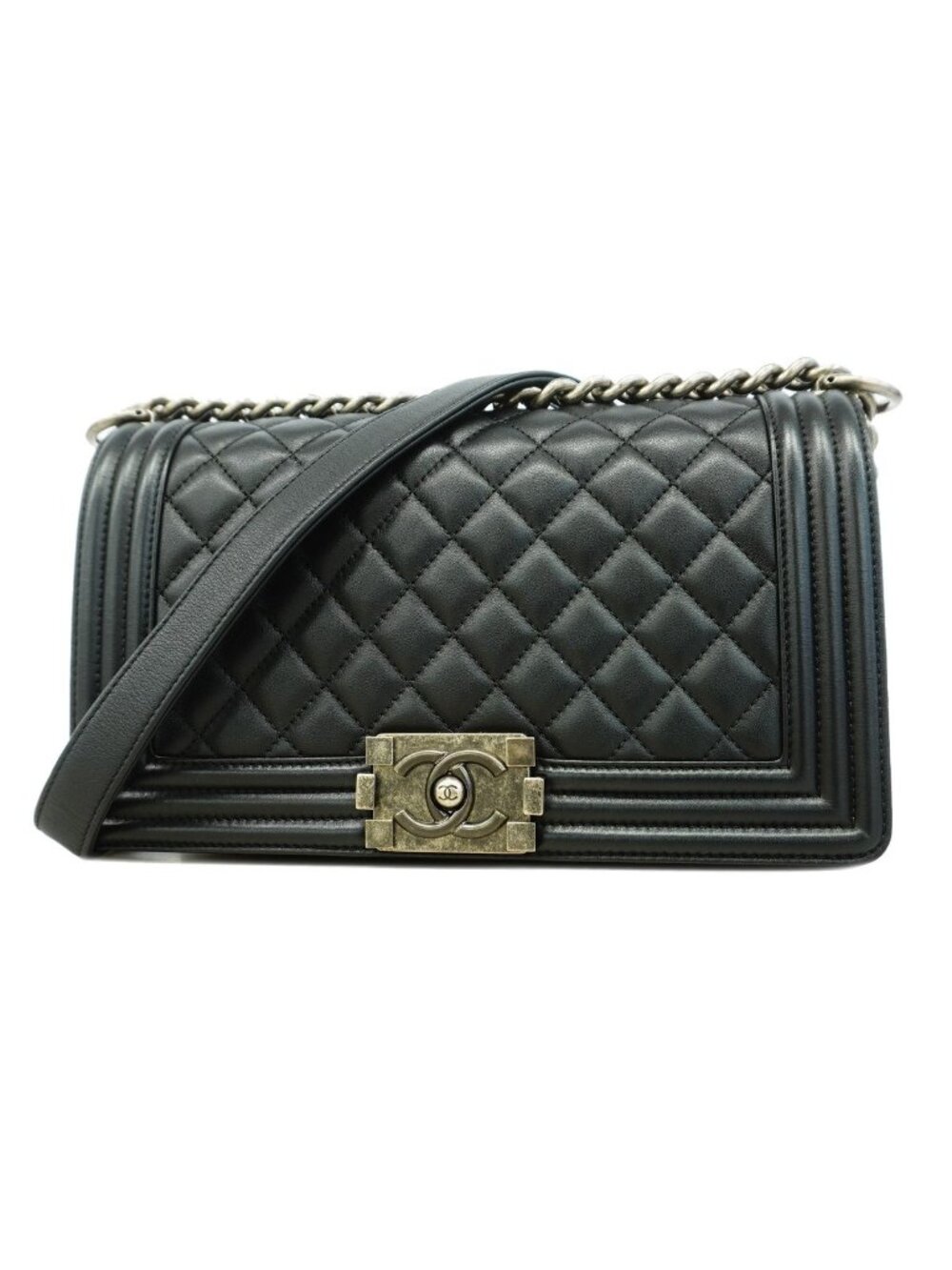 Chanel Shoulder Bag Boy Lambskin Black Silver